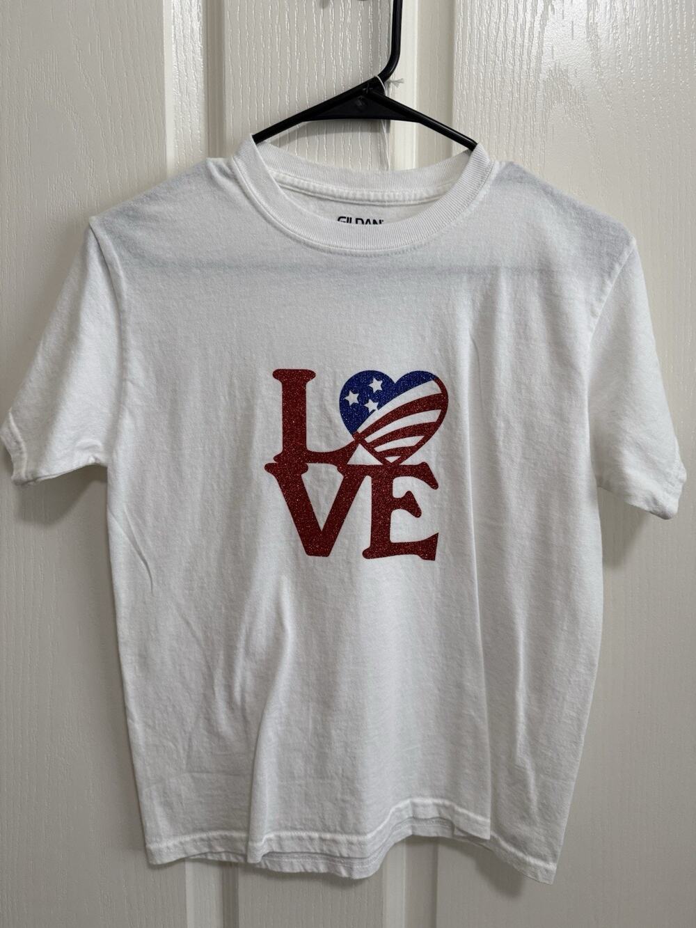 Girls Youth LOVE Valentines 4th of July White Shirt Handmade NEW Size M (10-12)